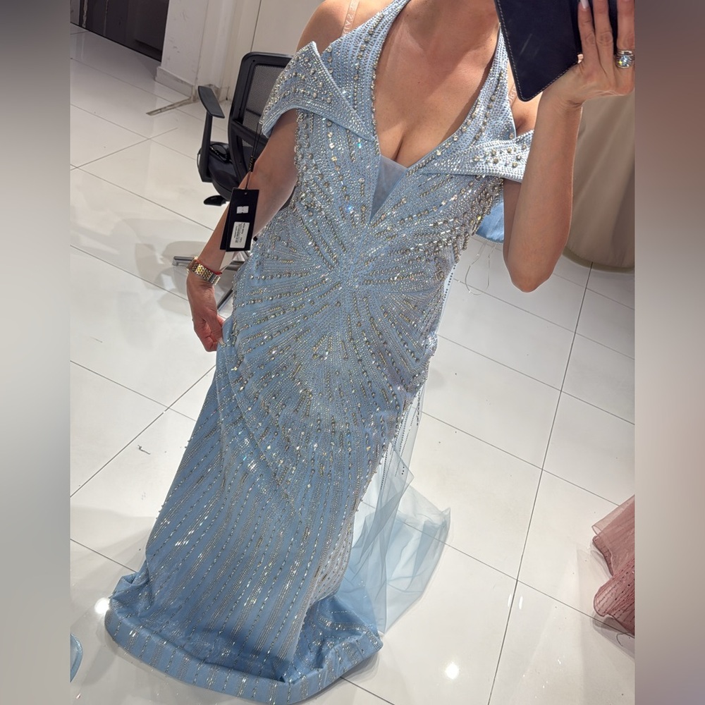 Elegant light  Blue Beaded Evening Gown made in Turkey, NOT fouad sarkiz